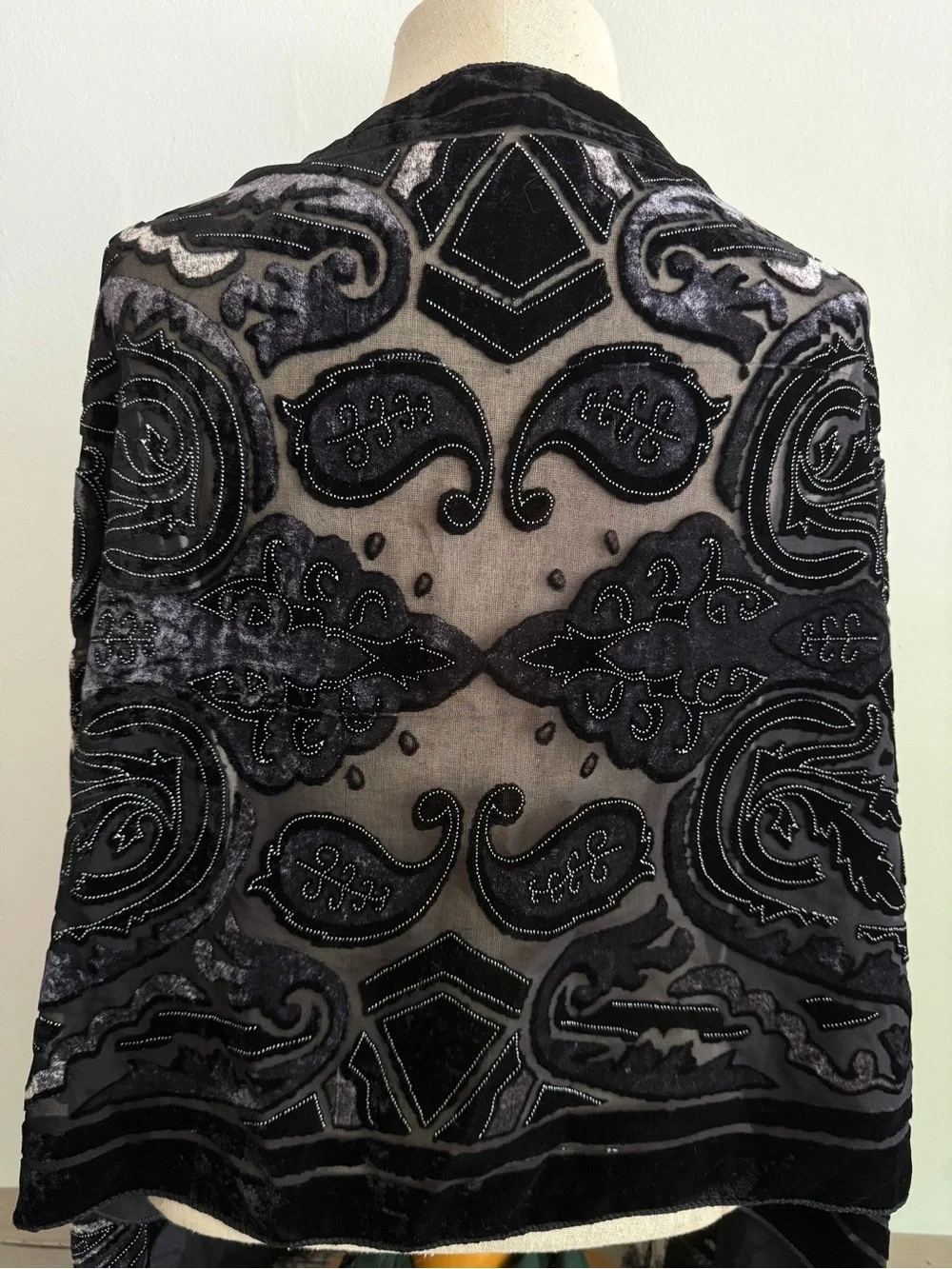 Velvet Burnout Scarf Vintage Black Silver Paisley Devore Fringe Shawl 62